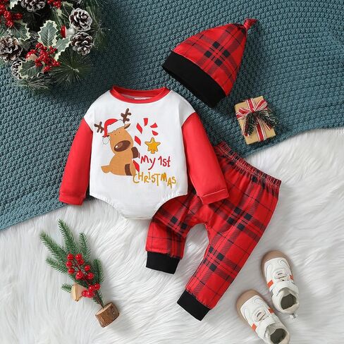 WOLBAY الوليد بيبي بوي فتاة زي عيد الميلاد سانتا الغزلان رومبير ارتداءها منقوشة السراويل قبعة 3 قطعة الملابس مجموعة 0-18 متر in Kuwait