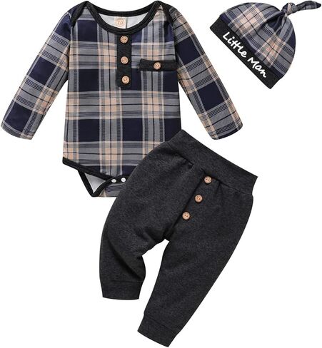 GRNSHTS الوليد بيبي بوي ملابس طويلة الأكمام منقوشة رومبير بلوزات سراويل تقليدية قبعة 3 قطعة الرضع الصبي الخريف الشتاء وتتسابق مجموعة in Kuwait