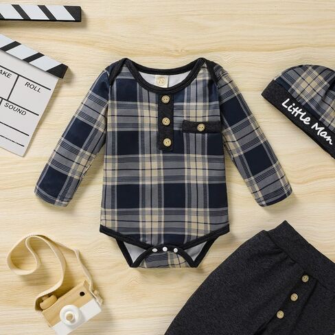 GRNSHTS الوليد بيبي بوي ملابس طويلة الأكمام منقوشة رومبير بلوزات سراويل تقليدية قبعة 3 قطعة الرضع الصبي الخريف الشتاء وتتسابق مجموعة in Kuwait