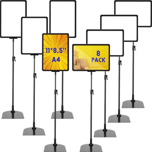 Hicarer 8 Pack Adjustable Sign Holder Poster Stand 8.5 x 11 in Floor Standing Sign Holder Heavy Duty Aluminum Pedestal Vertical Horizontal Black View Sign Displayed for Display Advertising Restaurant in Saudi Arabia