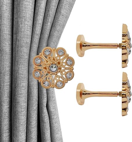 YYC زوج واحد من ميدالية الستائر الكريستالية، ستائر زخرفية، حامل ستائر معدنية، خطافات حائط للستائر (ذهبي) in Kuwait