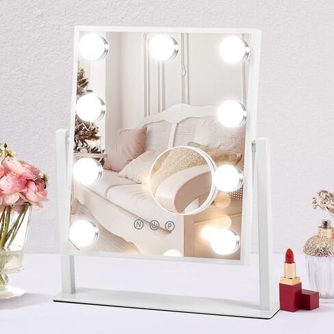 Beinocci Hollywood Vanity Mirror with Lights - 9 Led Bulbs Makeup Mirror with Lights for Desk, 3 Color Lighting, Touch Screen Control, Lighted Makeup Vanity Mirror for Tabletop, White in Saudi Arabia