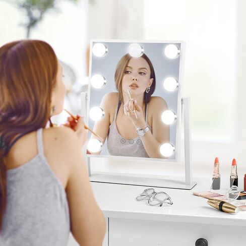 Beinocci Hollywood Vanity Mirror with Lights - 9 Led Bulbs Makeup Mirror with Lights for Desk, 3 Color Lighting, Touch Screen Control, Lighted Makeup Vanity Mirror for Tabletop, White in Saudi Arabia