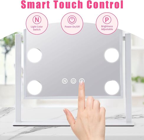 Beinocci Hollywood Vanity Mirror with Lights - 9 Led Bulbs Makeup Mirror with Lights for Desk, 3 Color Lighting, Touch Screen Control, Lighted Makeup Vanity Mirror for Tabletop, White in Saudi Arabia