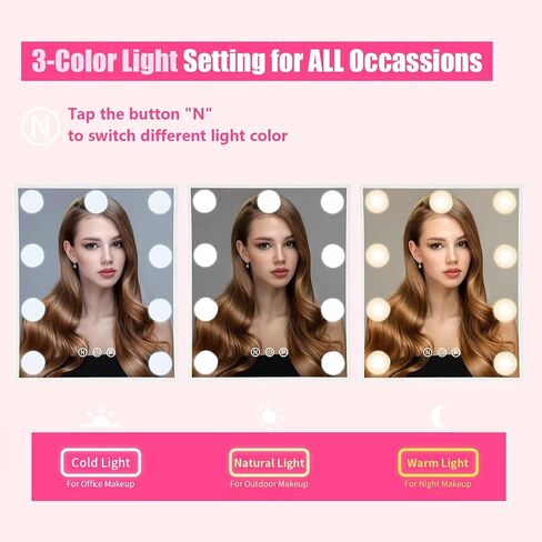 Beinocci Hollywood Vanity Mirror with Lights - 9 Led Bulbs Makeup Mirror with Lights for Desk, 3 Color Lighting, Touch Screen Control, Lighted Makeup Vanity Mirror for Tabletop, White in Saudi Arabia