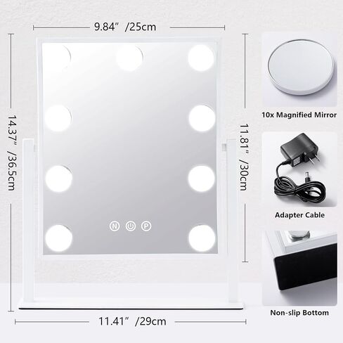 Beinocci Hollywood Vanity Mirror with Lights - 9 Led Bulbs Makeup Mirror with Lights for Desk, 3 Color Lighting, Touch Screen Control, Lighted Makeup Vanity Mirror for Tabletop, White in Saudi Arabia