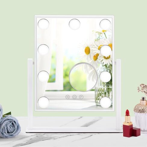 Beinocci Hollywood Vanity Mirror with Lights - 9 Led Bulbs Makeup Mirror with Lights for Desk, 3 Color Lighting, Touch Screen Control, Lighted Makeup Vanity Mirror for Tabletop, White in Saudi Arabia