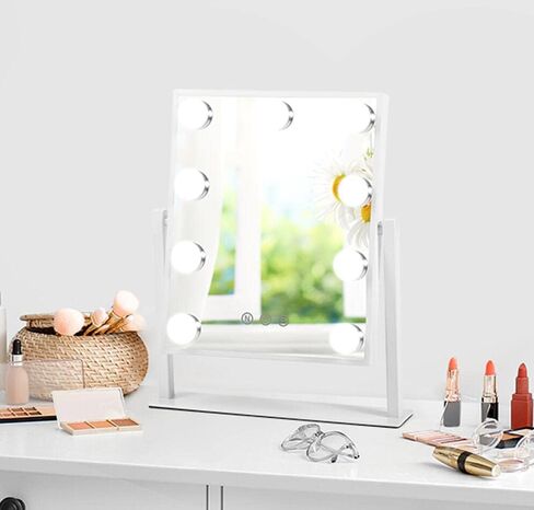 Beinocci Hollywood Vanity Mirror with Lights - 9 Led Bulbs Makeup Mirror with Lights for Desk, 3 Color Lighting, Touch Screen Control, Lighted Makeup Vanity Mirror for Tabletop, White in Saudi Arabia