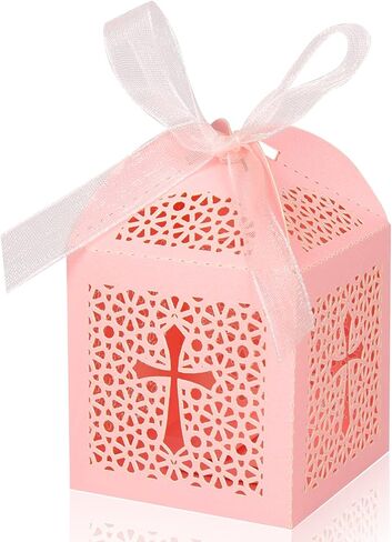 KPOSIYA 70 Pack Baptism Favor Boxes,Laser Cut Candy Boxes with Ribbons, Party Favor Small Gift Boxes for Baby Shower Baptism Decorations First Birthday Party Christening Favor (Pink-70) in Saudi Arabia