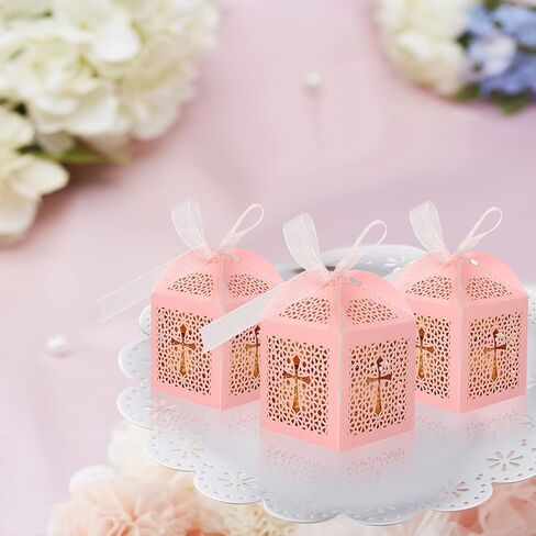 KPOSIYA 70 Pack Baptism Favor Boxes,Laser Cut Candy Boxes with Ribbons, Party Favor Small Gift Boxes for Baby Shower Baptism Decorations First Birthday Party Christening Favor (Pink-70) in Saudi Arabia