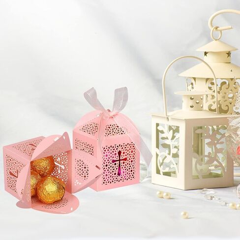 KPOSIYA 70 Pack Baptism Favor Boxes,Laser Cut Candy Boxes with Ribbons, Party Favor Small Gift Boxes for Baby Shower Baptism Decorations First Birthday Party Christening Favor (Pink-70) in Saudi Arabia