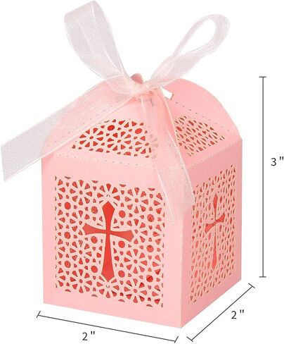 KPOSIYA 70 Pack Baptism Favor Boxes,Laser Cut Candy Boxes with Ribbons, Party Favor Small Gift Boxes for Baby Shower Baptism Decorations First Birthday Party Christening Favor (Pink-70) in Saudi Arabia