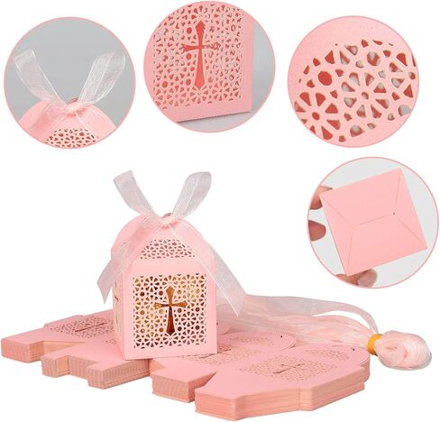 KPOSIYA 70 Pack Baptism Favor Boxes,Laser Cut Candy Boxes with Ribbons, Party Favor Small Gift Boxes for Baby Shower Baptism Decorations First Birthday Party Christening Favor (Pink-70) in Saudi Arabia