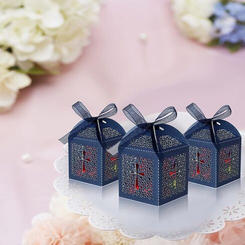 KPOSIYA 70 Pack Baptism Favor Boxes,Laser Cut Candy Boxes with Ribbons, Party Favor Small Gift Boxes for Baby Shower Baptism Decorations First Birthday Party Christening Favor (Pink-70) in Saudi Arabia