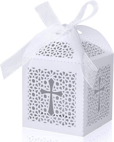 KPOSIYA 70 Pack Baptism Favor Boxes,Laser Cut Candy Boxes with Ribbons, Party Favor Small Gift Boxes for Baby Shower Baptism Decorations First Birthday Party Christening Favor (Pink-70) in Saudi Arabia