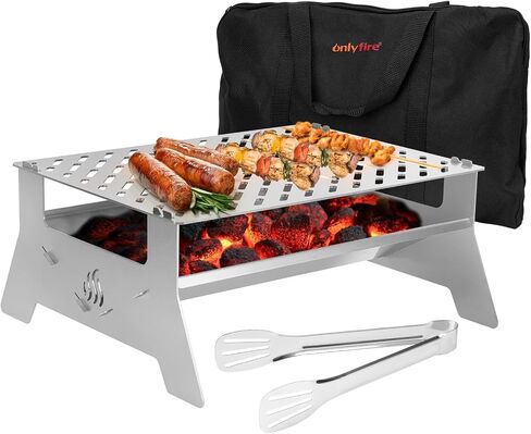 only fire Portable Charcoal Grill, Heavy Duty Stainless Steel Foldable Barbecue Grill with Carry Bag and BBQ Tong for Patio Backyard, Outdoor Camping, Picnic and Hikin in Kuwait