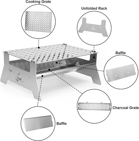 only fire Portable Charcoal Grill, Heavy Duty Stainless Steel Foldable Barbecue Grill with Carry Bag and BBQ Tong for Patio Backyard, Outdoor Camping, Picnic and Hikin in Kuwait
