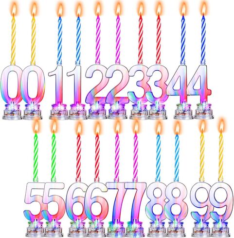 20 Pieces Birthday Number Candle Flashing Multicolor Light up Cake Candle Set LED Number Birthday Cake Topper Candle with 80 Pieces Wax Candles for Birthday Anniversary Celebration in Saudi Arabia
