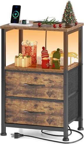 منضدة Mr IRONSTONE مع قاعدة شحن، حامل ليلي LED مع درجين من القماش، طاولة بجانب السرير مع منافذ ومنافذ USB، طاولة نهاية لغرفة النوم، بني ريفي in Kuwait