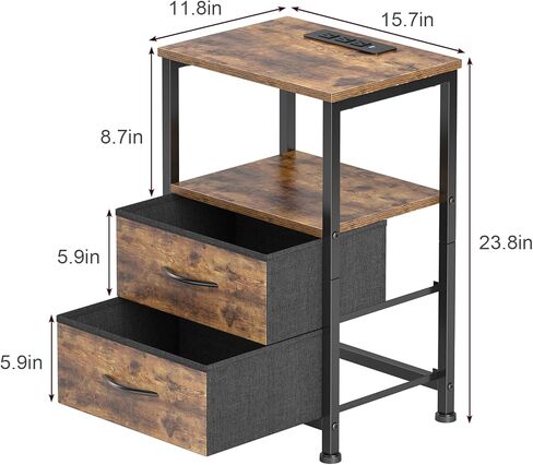 منضدة Mr IRONSTONE مع قاعدة شحن، حامل ليلي LED مع درجين من القماش، طاولة بجانب السرير مع منافذ ومنافذ USB، طاولة نهاية لغرفة النوم، بني ريفي in Kuwait