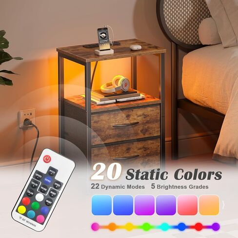 منضدة Mr IRONSTONE مع قاعدة شحن، حامل ليلي LED مع درجين من القماش، طاولة بجانب السرير مع منافذ ومنافذ USB، طاولة نهاية لغرفة النوم، بني ريفي in Kuwait