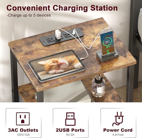 منضدة Mr IRONSTONE مع قاعدة شحن، حامل ليلي LED مع درجين من القماش، طاولة بجانب السرير مع منافذ ومنافذ USB، طاولة نهاية لغرفة النوم، بني ريفي in Kuwait