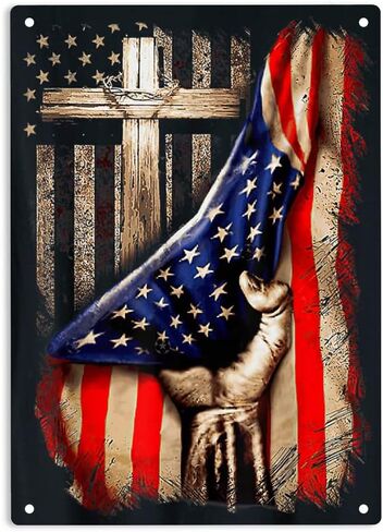 علامة الإيمان فوق الخوف من كريستيان كروس العلم الأمريكي علامة معدنية من القصدير مقاس 8 × 12 بوصة in Kuwait