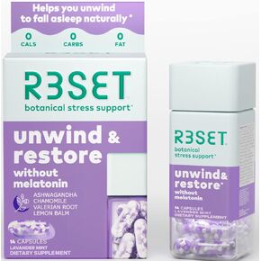 R3SET للاسترخاء واستعادة تخفيف التوتر أثناء الليل ودعم المساعدة على النوم، مكمل يومي خالٍ من الميلاتونين - أشواغاندا، بابونج، جذر فاليريان، بلسم الليمون، غابا، 5-HTP، فيتامين د3، 28 كبسولة in Kuwait