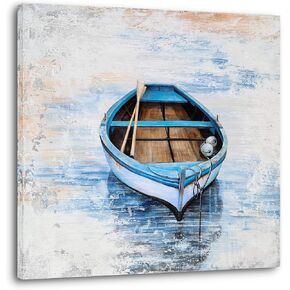 YHSKY ARTS Coastal Canvas Wall Decor Hand Painted Light Blue Sailing Boat Painting Square Pictures Modern Abstract Nautical Artwork for Living Room Bedroom Bathroom Decoration in Kuwait