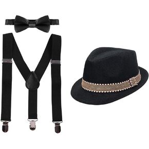 FYMNSI Kid Y-Back Adjustable Brace Suspender Pre-Tied Bowtie Short Trim Fedora Hat 3PCS Outfit for Boys/Girls 2-6T in Kuwait