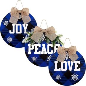 3 Pieces Christmas Hanging Sign Decorations Peace Joy Love Sign Buffalo Check Plaid Wreath for Front Door Rustic Burlap Wooden Holiday Decor Christmas Indoor Outdoor Decorations (Black Red)