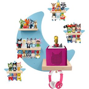 for Toniebox Starter Tonie Shelf Wall Mounted Set of 4 (Moon and 3 Stars),Tonies Figures Tonies Storage,Magnetic Wooden Floating Shelves Compatible with Tonie box Player Character for Children Room
