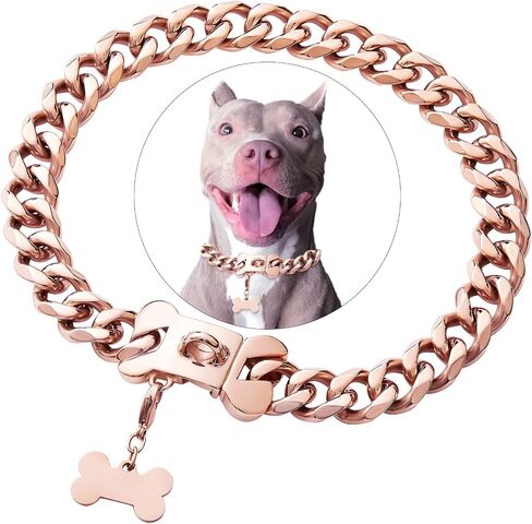 Stainless Steel Cuban Silver Link Heavy Duty Necklace Dog Collar for Small Medium Large Dogs, American Bully French Bulldog Dog Collar with CZ Luxury Safety Personalized Dog Tag in Kuwait