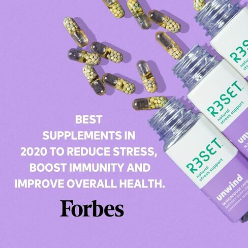 R3SET للاسترخاء واستعادة تخفيف التوتر أثناء الليل ودعم المساعدة على النوم، مكمل يومي خالٍ من الميلاتونين - أشواغاندا، بابونج، جذر فاليريان، بلسم الليمون، غابا، 5-HTP، فيتامين د3، 28 كبسولة in Kuwait