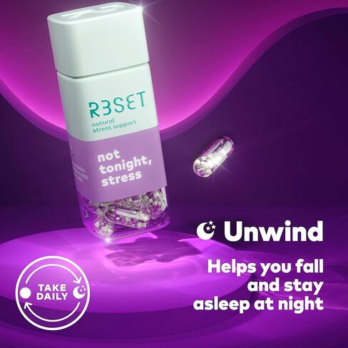 R3SET للاسترخاء واستعادة تخفيف التوتر أثناء الليل ودعم المساعدة على النوم، مكمل يومي خالٍ من الميلاتونين - أشواغاندا، بابونج، جذر فاليريان، بلسم الليمون، غابا، 5-HTP، فيتامين د3، 28 كبسولة in Kuwait