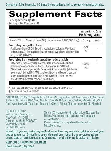 R3SET للاسترخاء واستعادة تخفيف التوتر أثناء الليل ودعم المساعدة على النوم، مكمل يومي خالٍ من الميلاتونين - أشواغاندا، بابونج، جذر فاليريان، بلسم الليمون، غابا، 5-HTP، فيتامين د3، 28 كبسولة in Kuwait