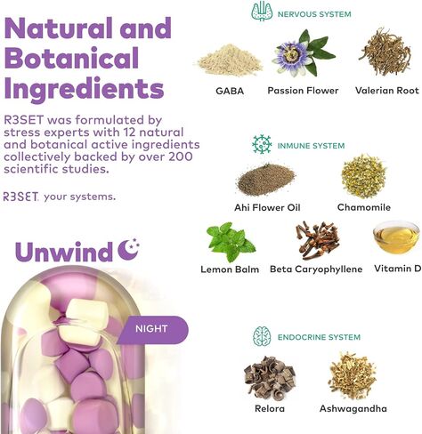 R3SET للاسترخاء واستعادة تخفيف التوتر أثناء الليل ودعم المساعدة على النوم، مكمل يومي خالٍ من الميلاتونين - أشواغاندا، بابونج، جذر فاليريان، بلسم الليمون، غابا، 5-HTP، فيتامين د3، 28 كبسولة in Kuwait
