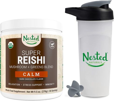 Nested Naturals #1 Green Superfood with 1000 mg Mushrooms | 100% USDA Organic Non-GMO Vegan Supplement | 20+ Whole Foods (Spirulina, Wheat Grass, Barley) (Focus, 30 Servings) (Reishi + Shaker Bottle) in Kuwait