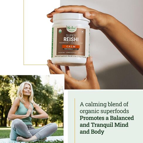 Nested Naturals #1 Green Superfood with 1000 mg Mushrooms | 100% USDA Organic Non-GMO Vegan Supplement | 20+ Whole Foods (Spirulina, Wheat Grass, Barley) (Focus, 30 Servings) (Reishi + Shaker Bottle) in Kuwait