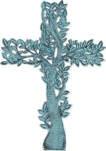 PURESTORY 11 x 8 Inch Tree Decorative Wall Cross Metal Decorations For Home.Religious Metal Hanging Cross Wall Decor.Metal Cross Wall Decor Art for Home - Antique Blue in Saudi Arabia