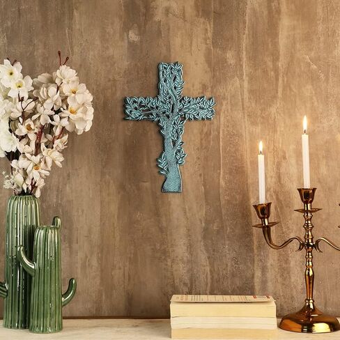 PURESTORY 11 x 8 Inch Tree Decorative Wall Cross Metal Decorations For Home.Religious Metal Hanging Cross Wall Decor.Metal Cross Wall Decor Art for Home - Antique Blue in Saudi Arabia