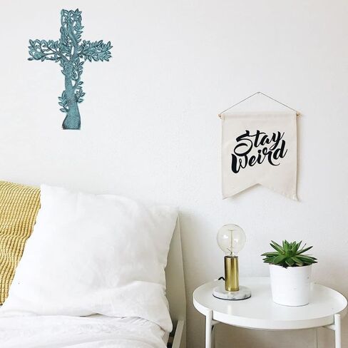 PURESTORY 11 x 8 Inch Tree Decorative Wall Cross Metal Decorations For Home.Religious Metal Hanging Cross Wall Decor.Metal Cross Wall Decor Art for Home - Antique Blue in Saudi Arabia