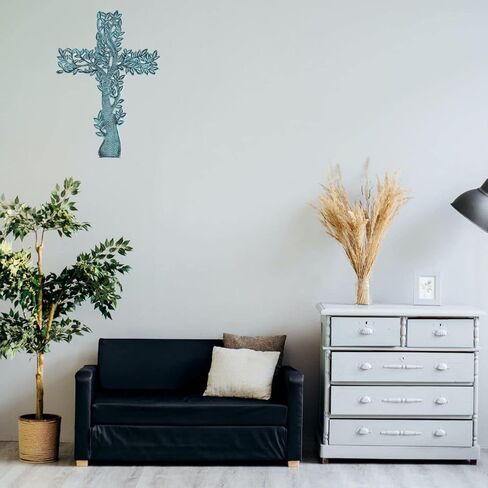 PURESTORY 11 x 8 Inch Tree Decorative Wall Cross Metal Decorations For Home.Religious Metal Hanging Cross Wall Decor.Metal Cross Wall Decor Art for Home - Antique Blue in Saudi Arabia