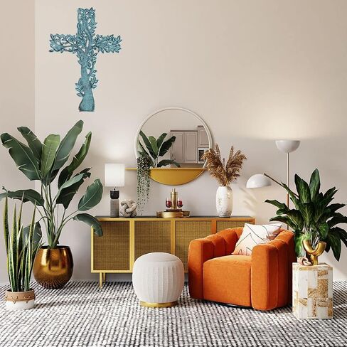 PURESTORY 11 x 8 Inch Tree Decorative Wall Cross Metal Decorations For Home.Religious Metal Hanging Cross Wall Decor.Metal Cross Wall Decor Art for Home - Antique Blue in Saudi Arabia