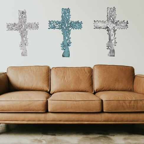 PURESTORY 11 x 8 Inch Tree Decorative Wall Cross Metal Decorations For Home.Religious Metal Hanging Cross Wall Decor.Metal Cross Wall Decor Art for Home - Antique Blue in Saudi Arabia