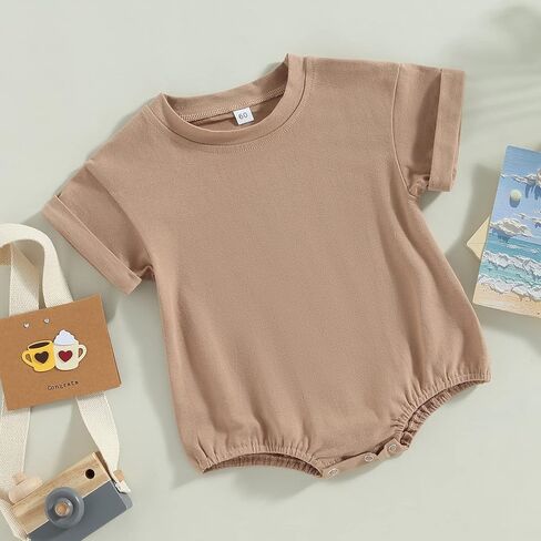 Gueuusu Unisex Baby Boy Girl T Shirt Romper Solid Color Short Sleeve Bubble Romper Oversized Crewneck One Piece Bodysuit Top in Kuwait