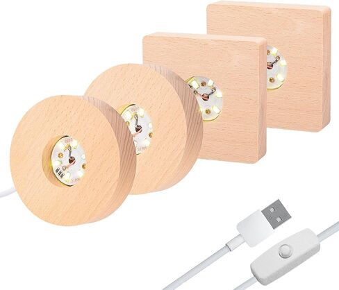 قاعدة إضاءة خشبية، 4 قطع قاعدة عرض إضاءة مستديرة ومربعة مع كابل USB، حامل عرض LED خشبي للزينة الفنية من الراتينج الكريستالي ثلاثي الأبعاد (الحجم: 3.14 بوصة) in Kuwait