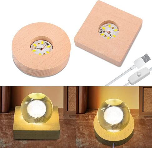 قاعدة إضاءة خشبية، 4 قطع قاعدة عرض إضاءة مستديرة ومربعة مع كابل USB، حامل عرض LED خشبي للزينة الفنية من الراتينج الكريستالي ثلاثي الأبعاد (الحجم: 3.14 بوصة) in Kuwait