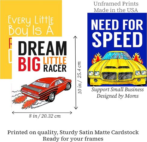Silly Goose Gifts Dream Big Little Racer - Race Car Posters for Boys Room - Bright & Vibrant Car Decor for Room - Perfect Race Car Bedroom Decor for Boys - Inspiring Quotes for Little Kids (Set of 5) in Kuwait