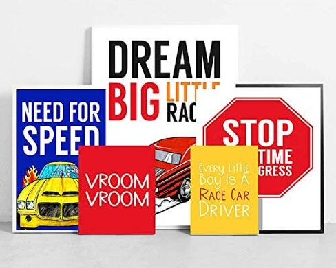 Silly Goose Gifts Dream Big Little Racer - Race Car Posters for Boys Room - Bright & Vibrant Car Decor for Room - Perfect Race Car Bedroom Decor for Boys - Inspiring Quotes for Little Kids (Set of 5) in Kuwait